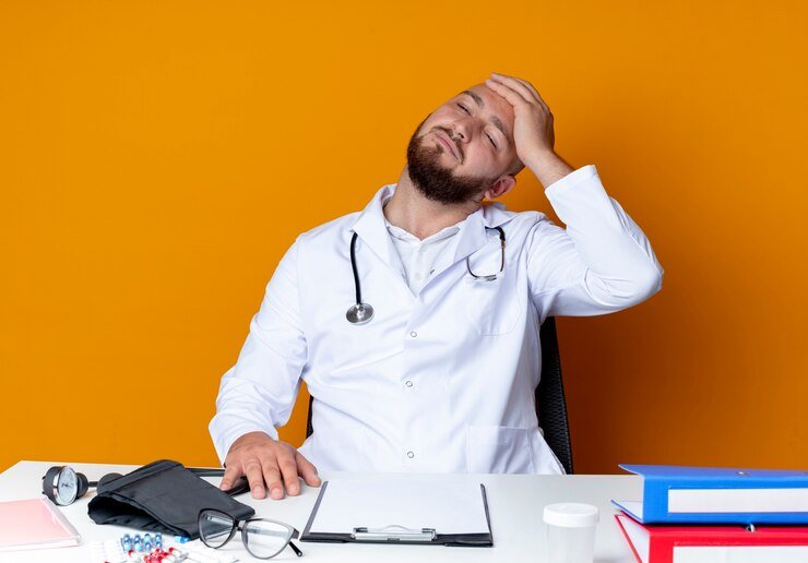 thinking-young-bald-male-doctor-wearing-medical-robe-stethoscope-sitting-work-desk-with-medical-tools-putting-hand-head-isolated-orange-wall_141793-78321